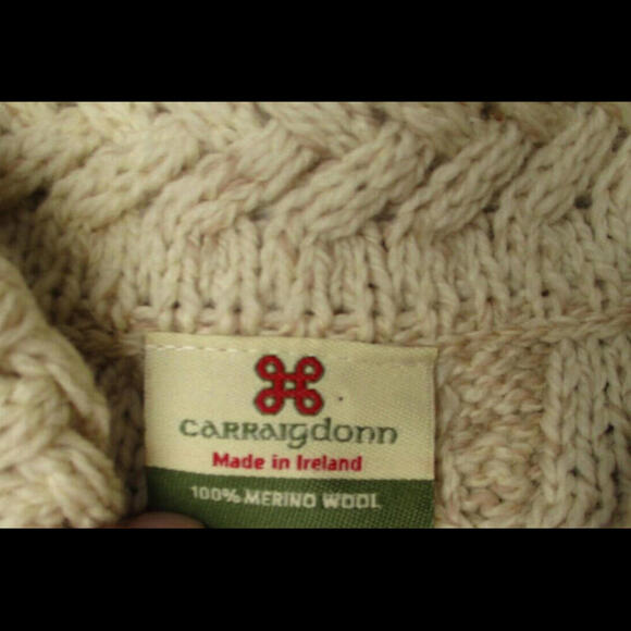 Carraigdonn Merino Wool Cardigan Sweater Large Chunky Cable Knit Cream Ireland - Picture 2 of 9